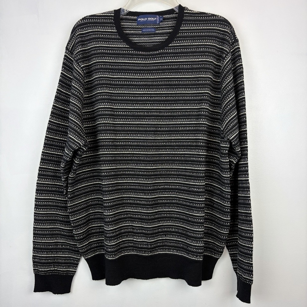 Polo Golf Ralph Lauren Sweater Men XL 100% Merino Wool Black Stripe Print Preppy